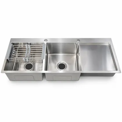 HD Double Sink with Tray — 120 × 50 cm - Double Sink with Rack — Chrome