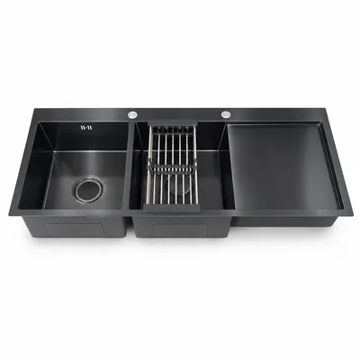 HD Double Sink with Tray — 120 × 50 cm - Double Sink with Rack — Black
