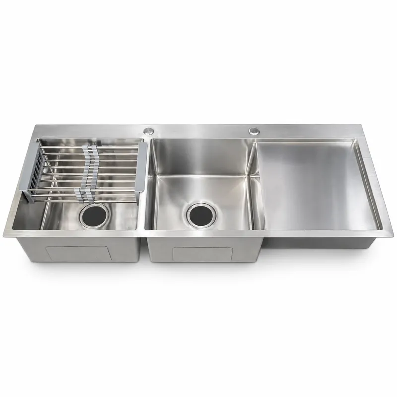 HD Double Sink with Tray — 120 × 50 cm — Double Sink with Rack — Chrome