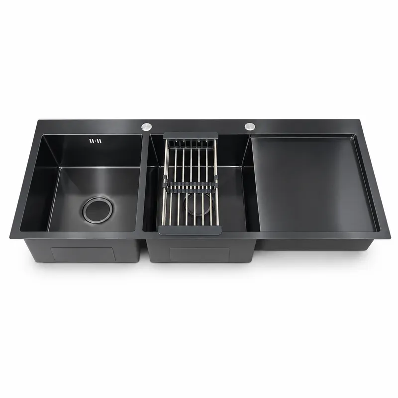 HD Double Sink with Tray — 120 × 50 cm — Double Sink with Rack — Black
