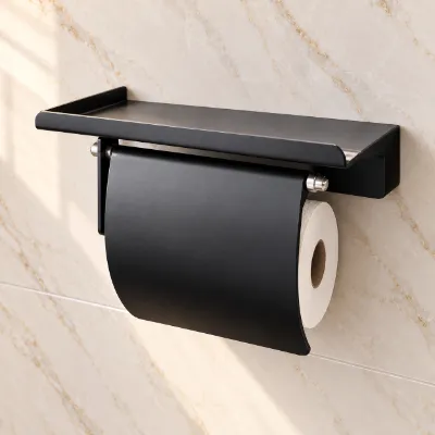 Toilet Paper Holder - Black with Shelf